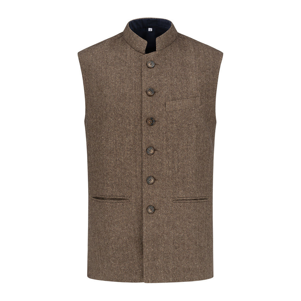 The Autumnal Brown - Herringbone Tweed Nehru Gilet