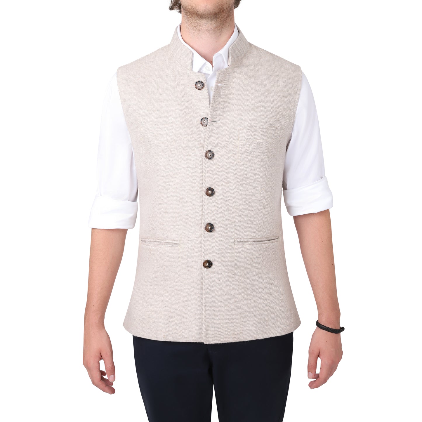 The Brilliant Beige - Herringbone Tweed Nehru Gilet