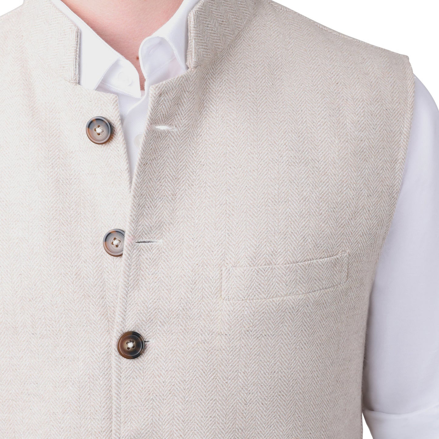 The Brilliant Beige - Herringbone Tweed Nehru Gilet