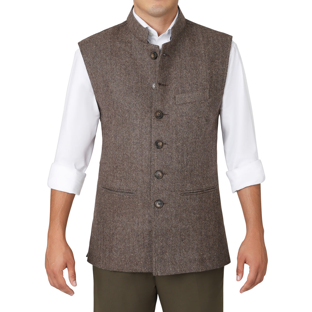 The Autumnal Brown - Herringbone Tweed Nehru Gilet