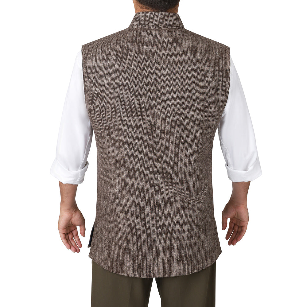 The Autumnal Brown - Herringbone Tweed Nehru Gilet