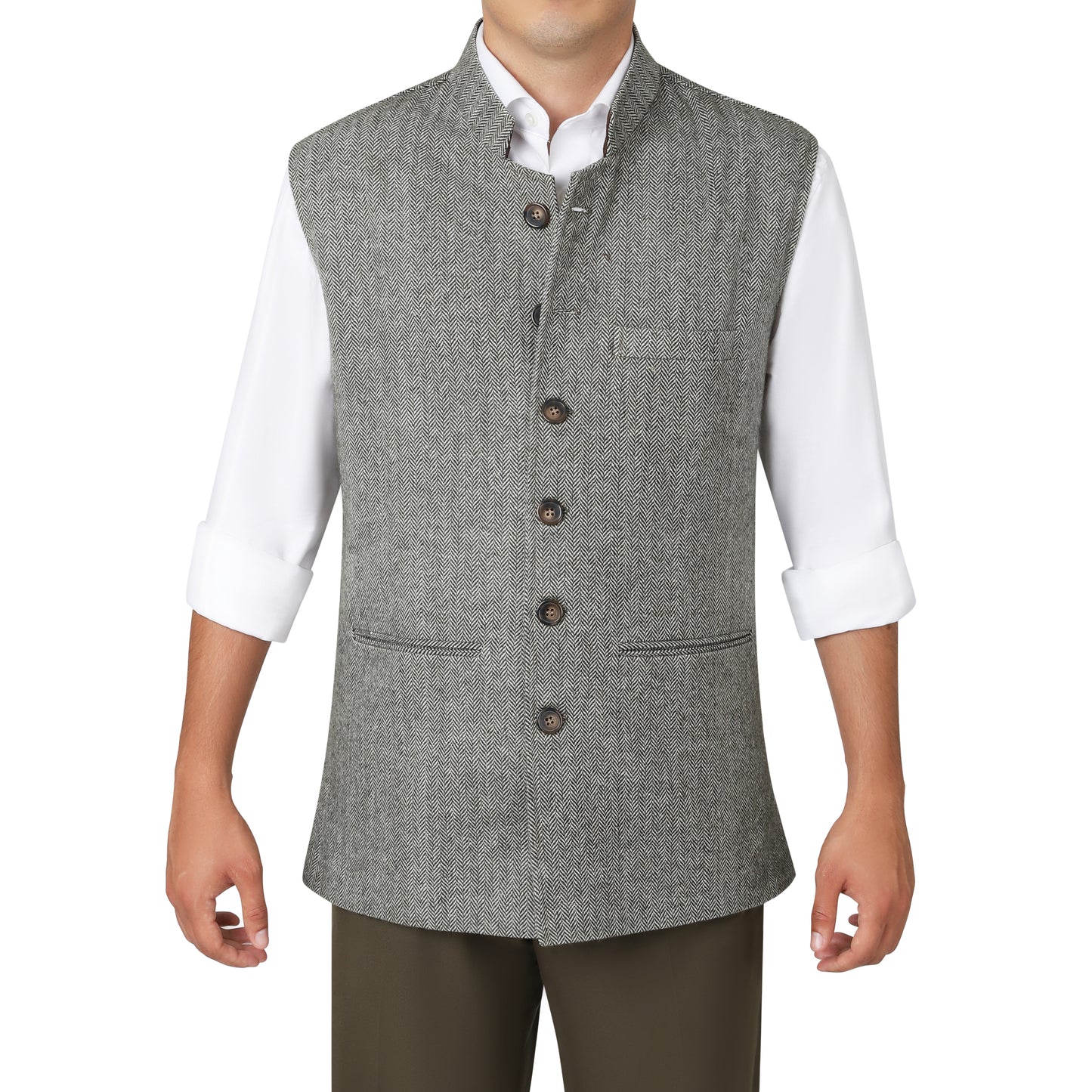 The Shooting Green - Herringbone Tweed Nehru Gilet