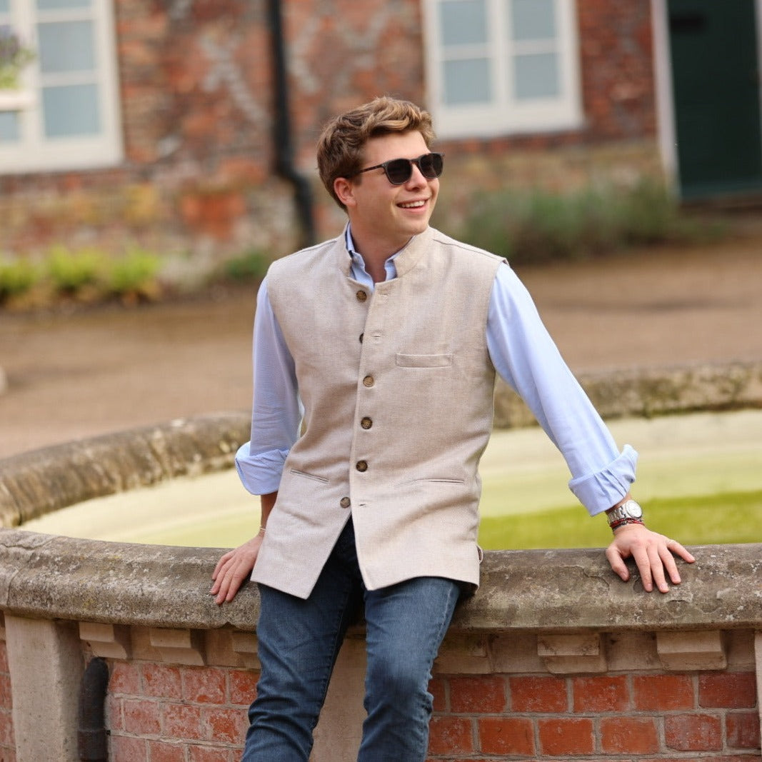 The Brilliant Beige - Herringbone Tweed Nehru Gilet