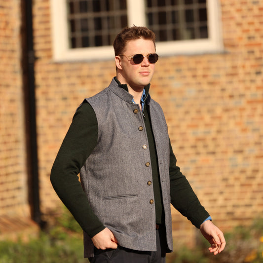 The Royal Blue - Herringbone Tweed Nehru Gilet