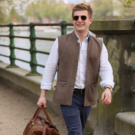 The Autumnal Brown - Herringbone Tweed Nehru Gilet